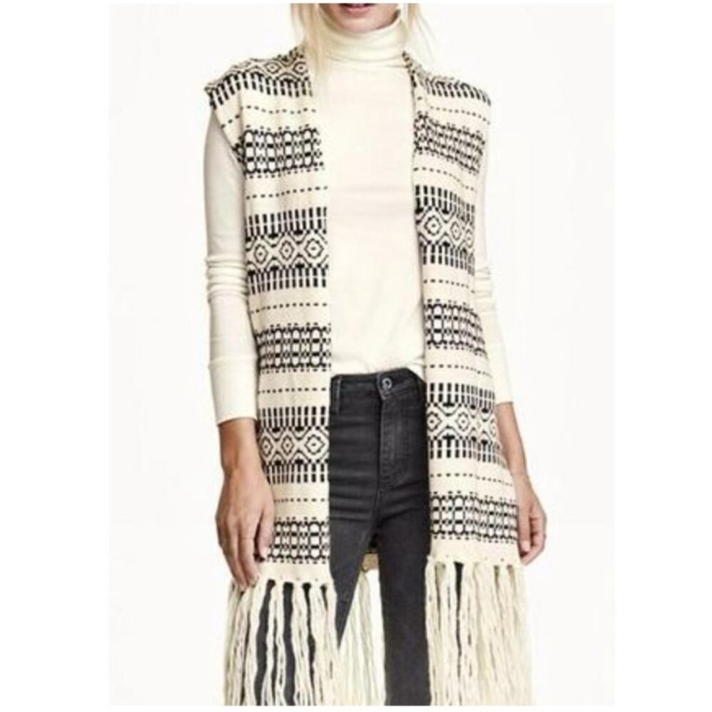 H&M LOGG Cotton Alpaca Blend Knit Aztec Open Front Duster Sweater Vest Fringe